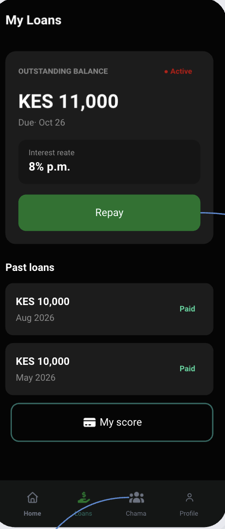 Bora app loan overview showing the outstanding balance and past loans