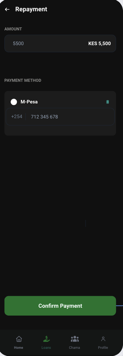 Bora app repayment screen with M-Pesa